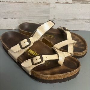 Birkenstock Mayari Cross Toe Slide On Leather Metallic Creme Sandals Sz 5